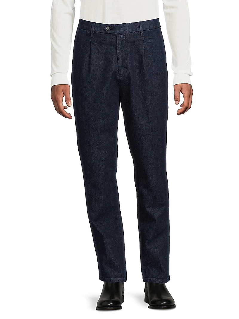Stretch Cotton Denim Pleated Trousers