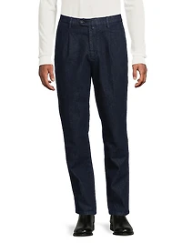 Stretch Cotton Denim Pleated Trousers