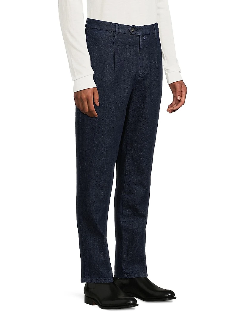 Stretch Cotton Denim Pleated Trousers