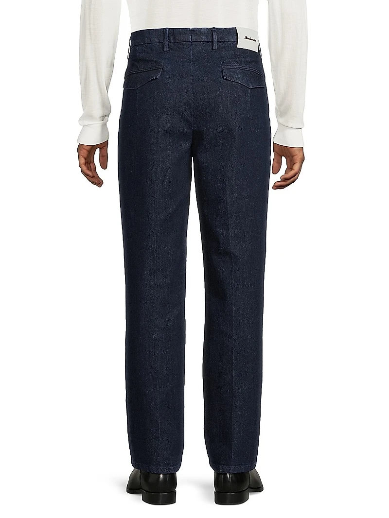 Stretch Cotton Denim Pleated Trousers