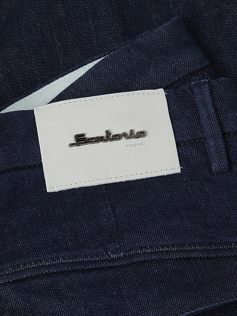 Stretch Cotton Denim Pleated Trousers