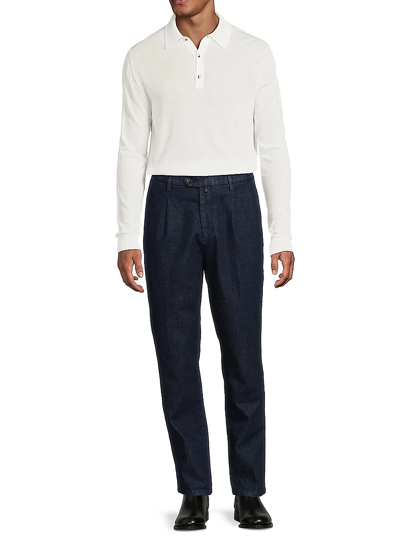 Stretch Cotton Denim Pleated Trousers