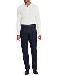 Stretch Cotton Denim Pleated Trousers