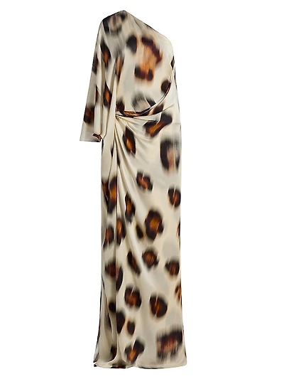 Carmen Jaguar-Printed Silk Chiffon One-Shoulder Gown