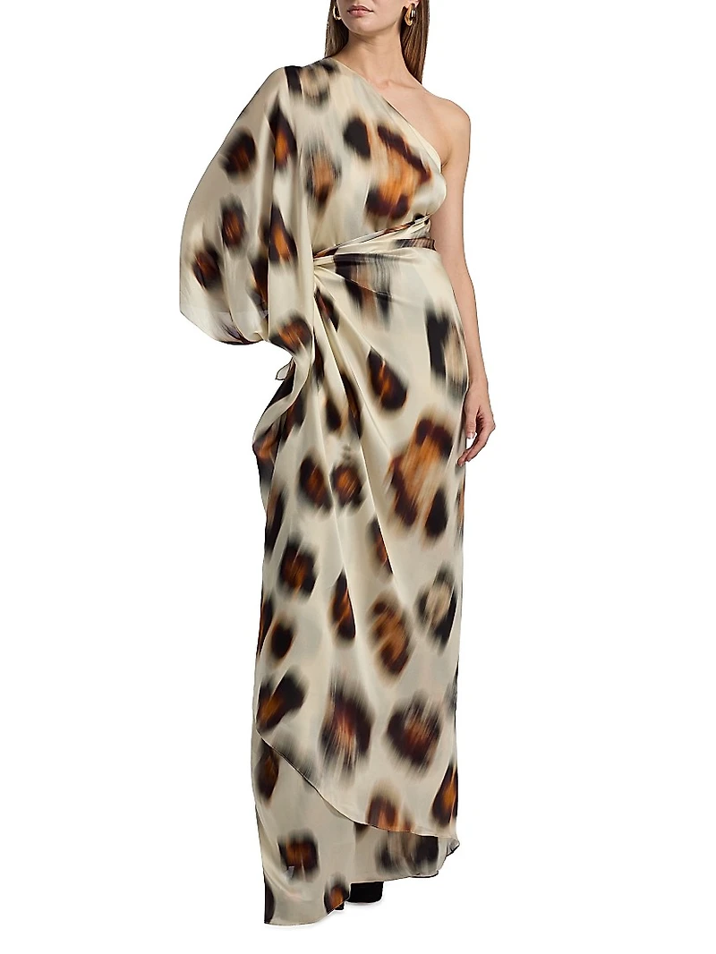 Carmen Jaguar-Printed Silk Chiffon One-Shoulder Gown