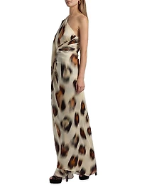 Carmen Jaguar-Printed Silk Chiffon One-Shoulder Gown