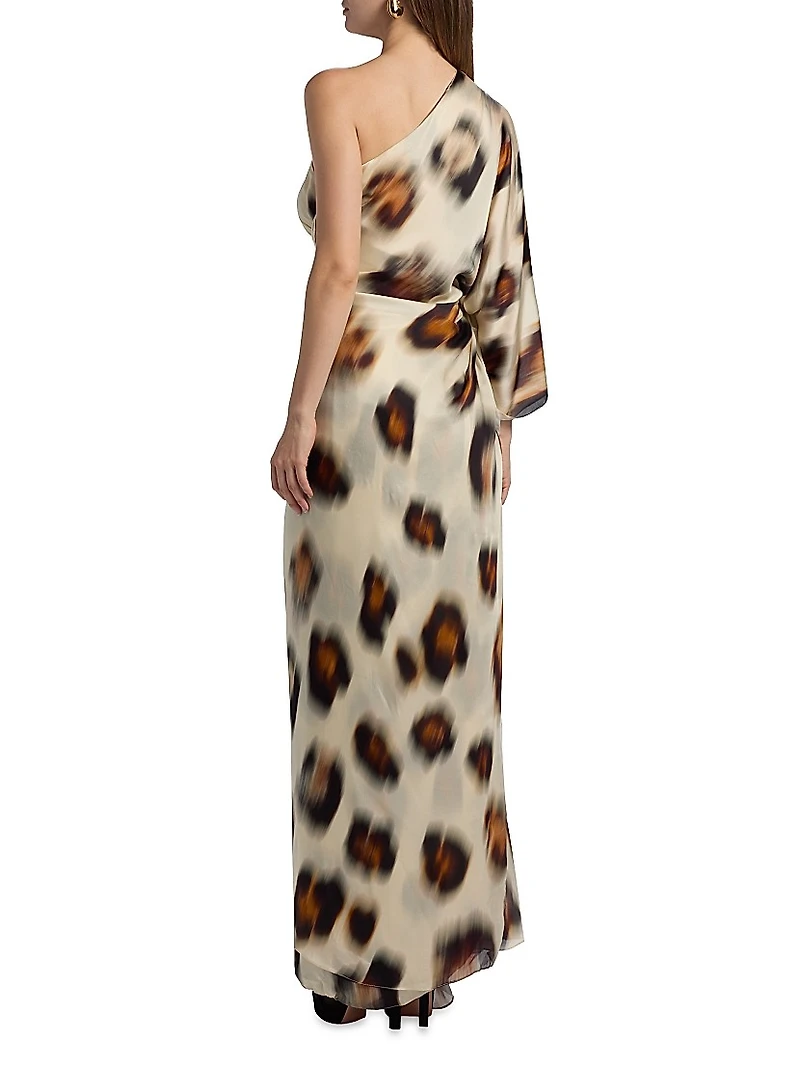 Carmen Jaguar-Printed Silk Chiffon One-Shoulder Gown