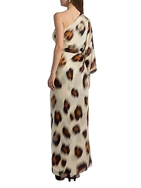 Carmen Jaguar-Printed Silk Chiffon One-Shoulder Gown