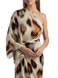 Carmen Jaguar-Printed Silk Chiffon One-Shoulder Gown