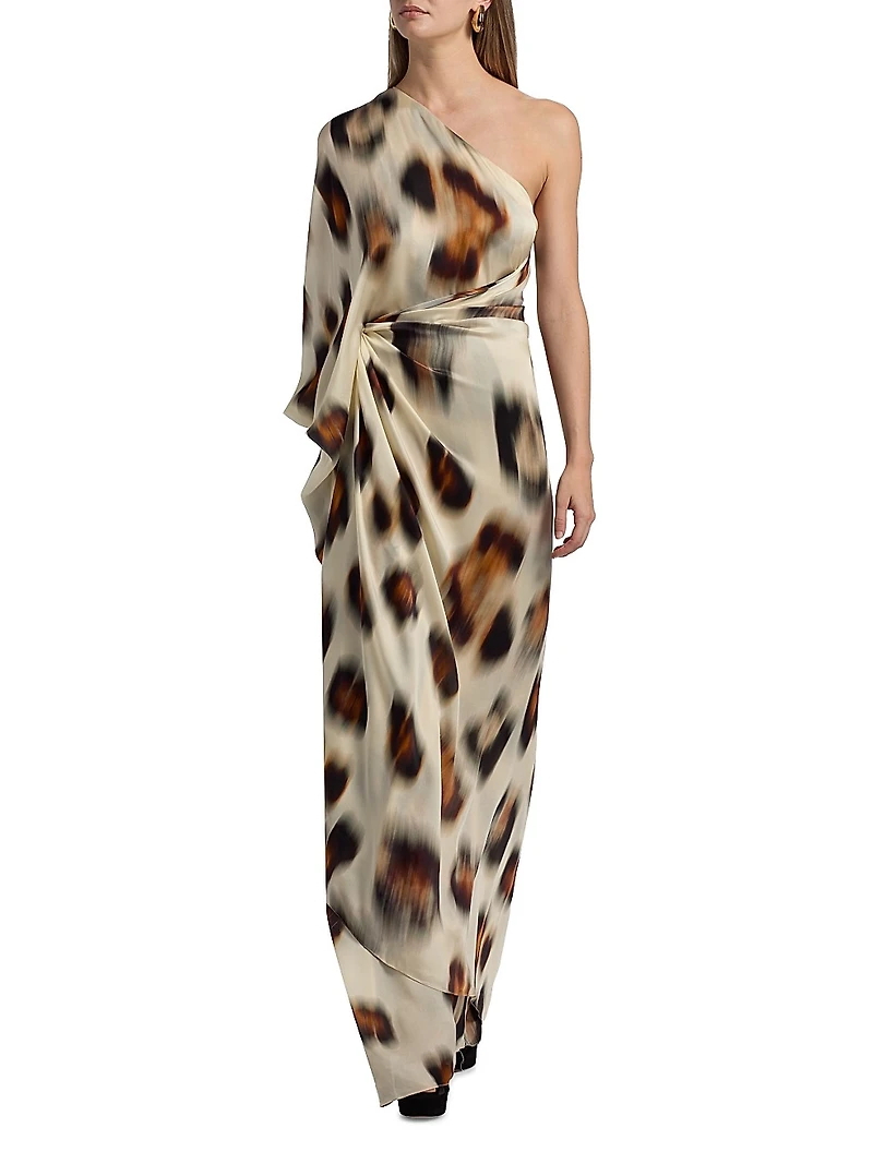 Carmen Jaguar-Printed Silk Chiffon One-Shoulder Gown
