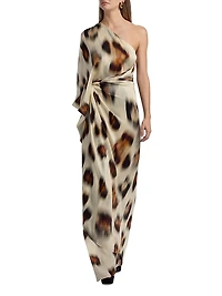 Carmen Jaguar-Printed Silk Chiffon One-Shoulder Gown