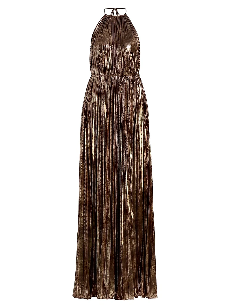 Maxine Metallic Plissé Halter Gown