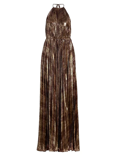 Maxine Metallic Plissé Halter Gown