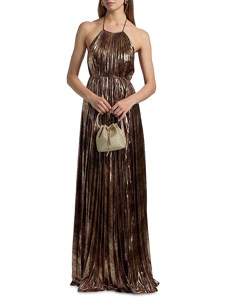 Maxine Metallic Plissé Halter Gown