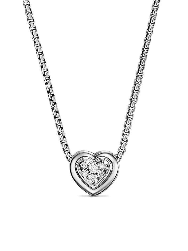 Puffy Heart Pendant Necklace in Sterling Silver with Diamonds, 7.8 MM