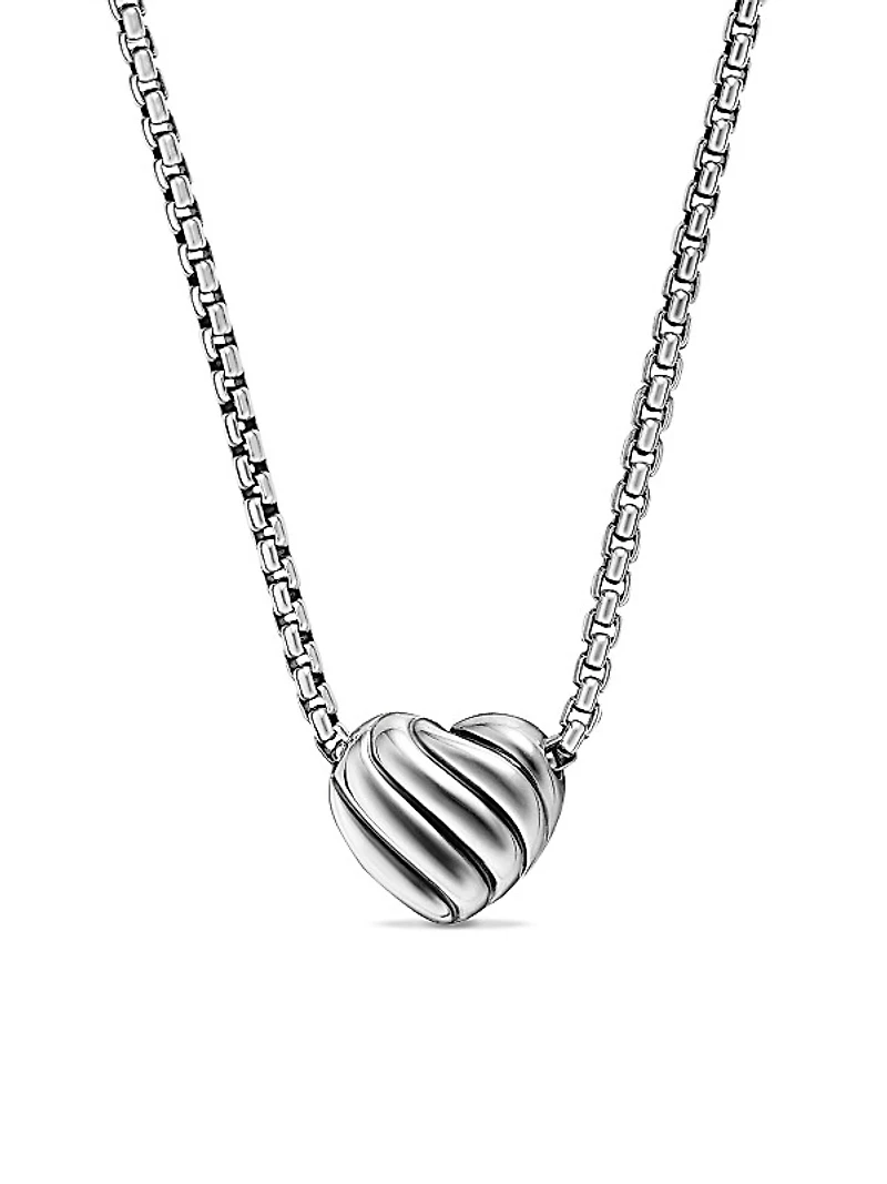 Puffy Heart Pendant Necklace in Sterling Silver with Diamonds, 7.8 MM