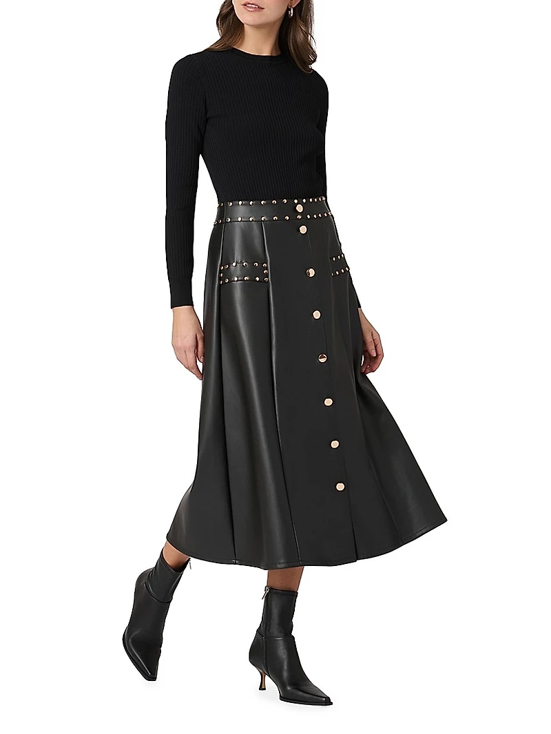 Cleo Mixed-Media Midi-Dress