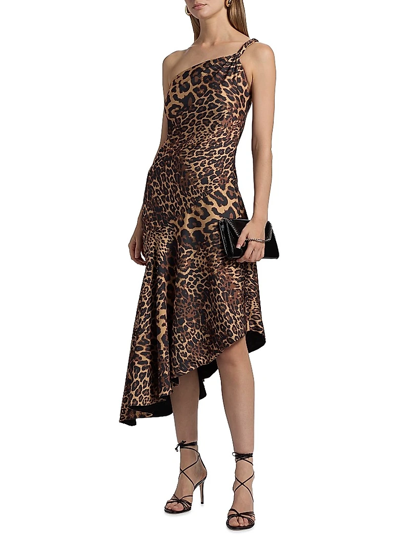 Mavis Leopard Print Asymmetric Satin Midi-Dress
