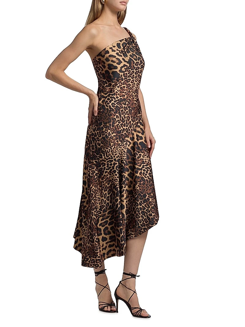 Mavis Leopard Print Asymmetric Satin Midi-Dress