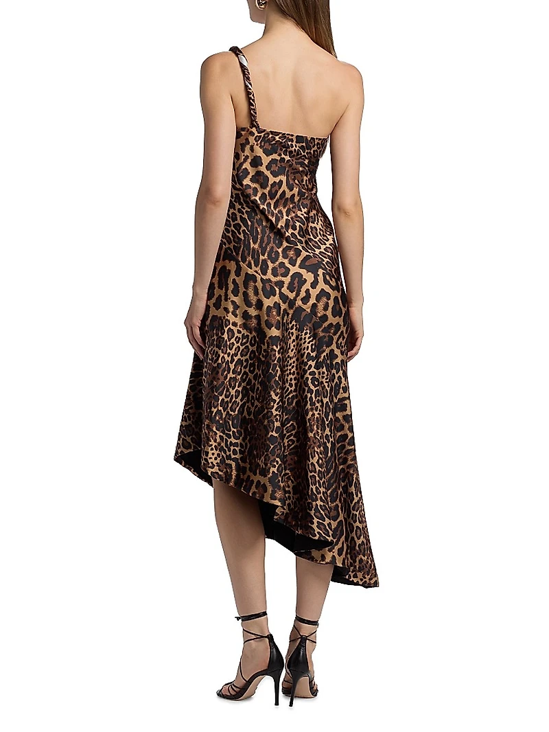 Mavis Leopard Print Asymmetric Satin Midi-Dress