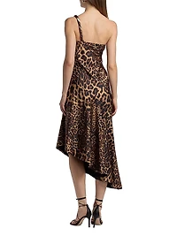 Mavis Leopard Print Asymmetric Satin Midi-Dress