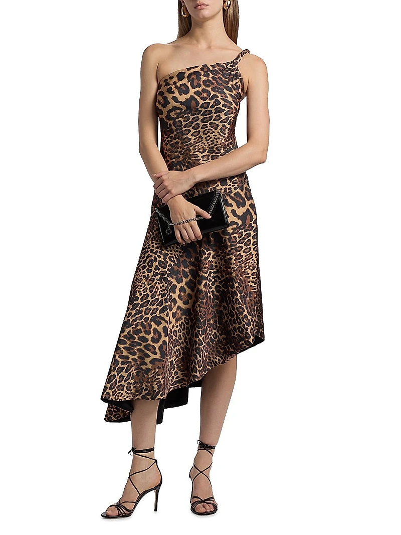 Mavis Leopard Print Asymmetric Satin Midi-Dress