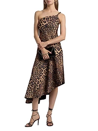 Mavis Leopard Print Asymmetric Satin Midi-Dress