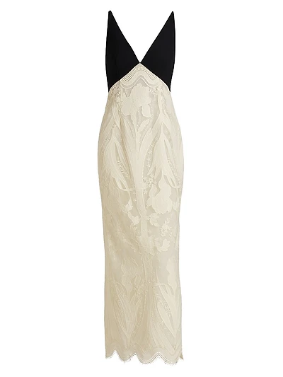 Pieced Crepe & Lace Maxi Dress