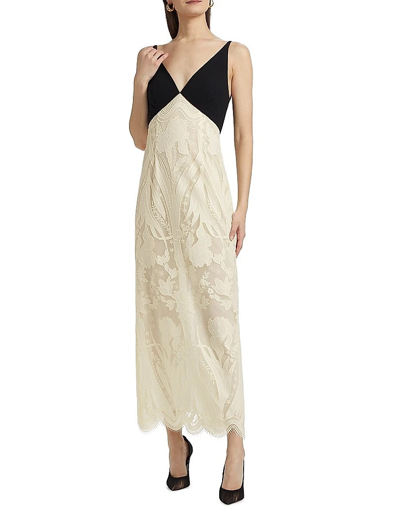 Pieced Crepe & Lace Maxi Dress