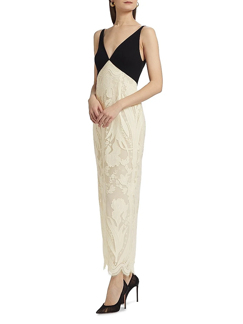 Pieced Crepe & Lace Maxi Dress