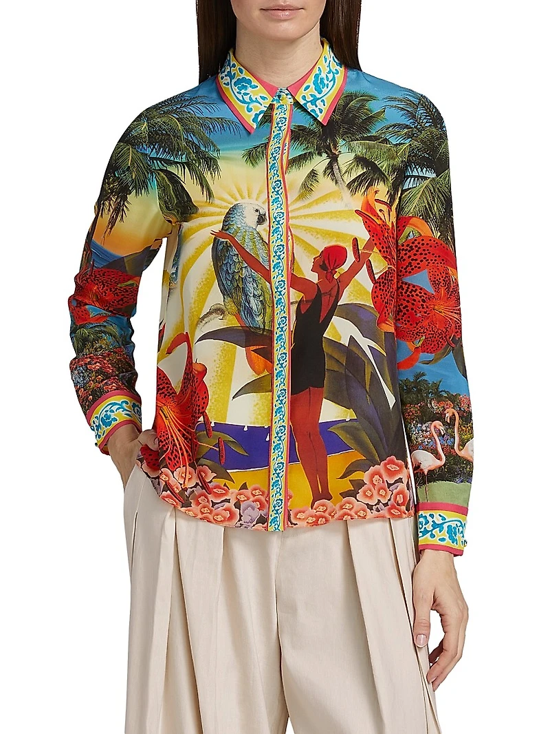 Willa Tropical-Print Silk Blouse