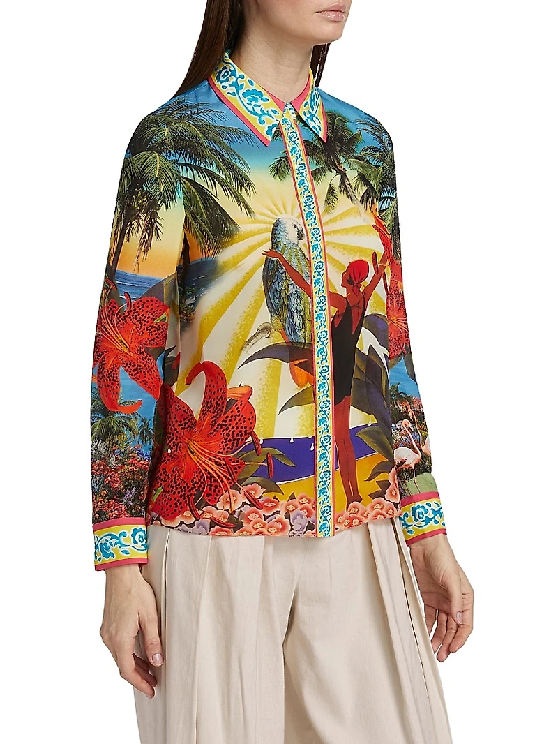 Willa Tropical-Print Silk Blouse
