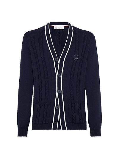 Cotton Cable Knit Cardigan with Logo