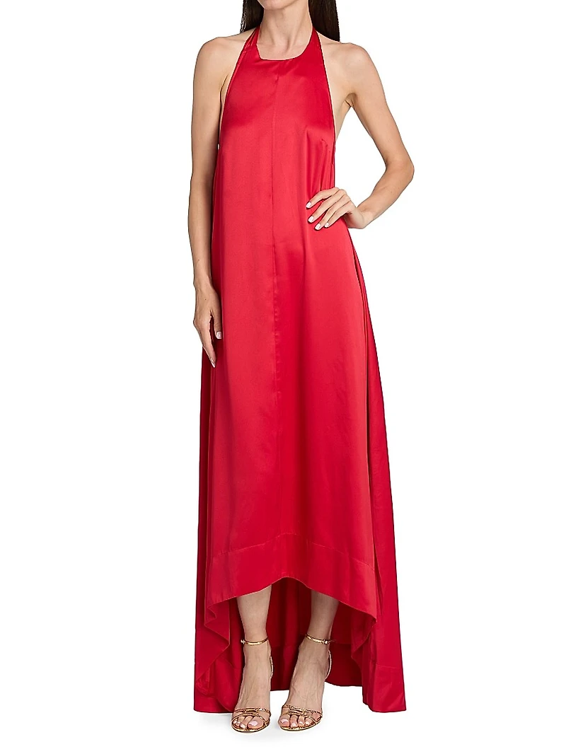 Liora Hammered-Satin Halterneck Gown