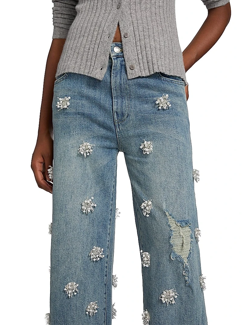 Jude Beaded High-Rise Wide-Leg Cropped Jeans