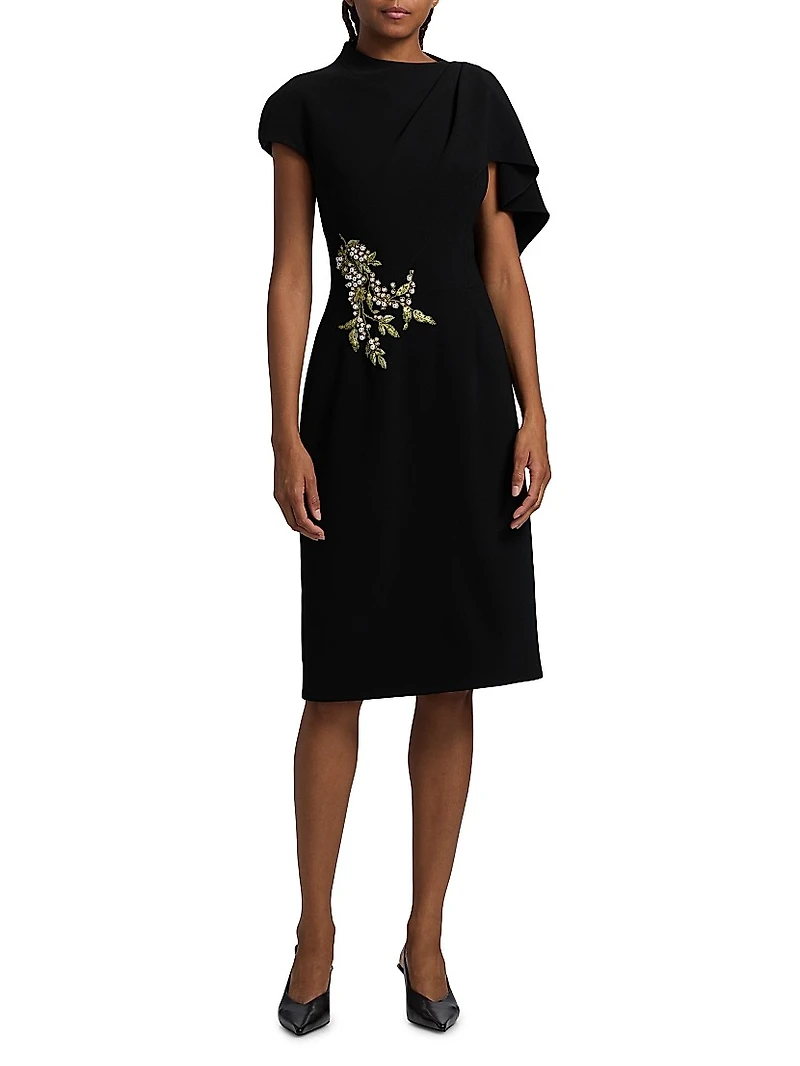 Pearl Floral Applique Crepe Cocktail Dress