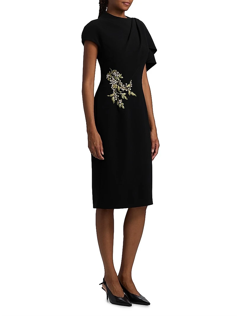 Pearl Floral Applique Crepe Cocktail Dress