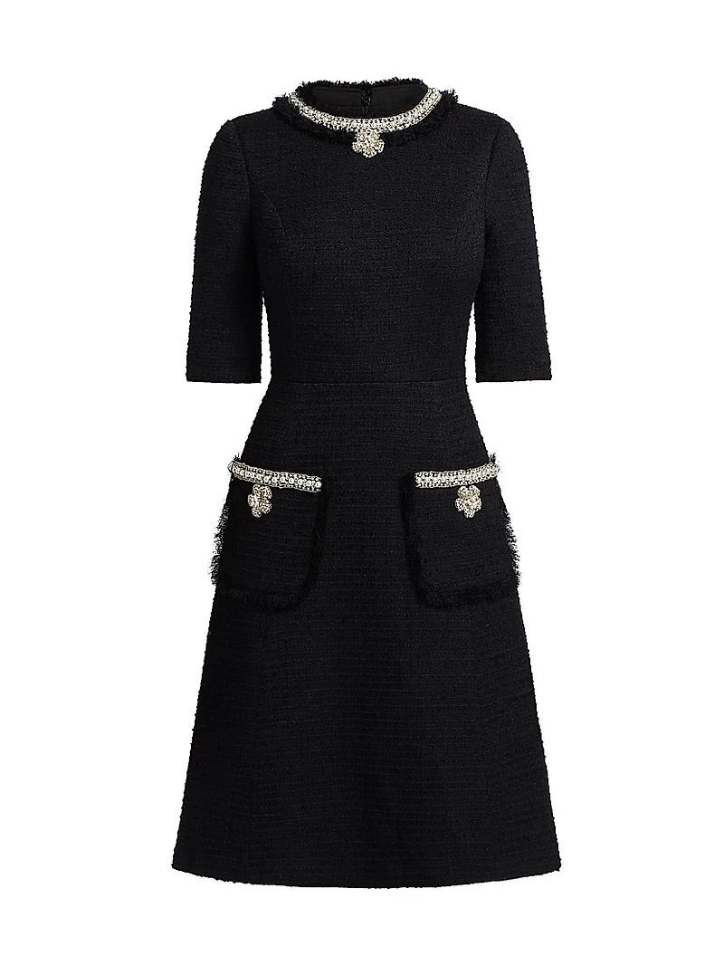 Flower & Faux-Pearl Embellished Bouclé Cocktail Dress