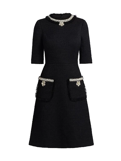 Flower & Faux-Pearl Embellished Bouclé Cocktail Dress