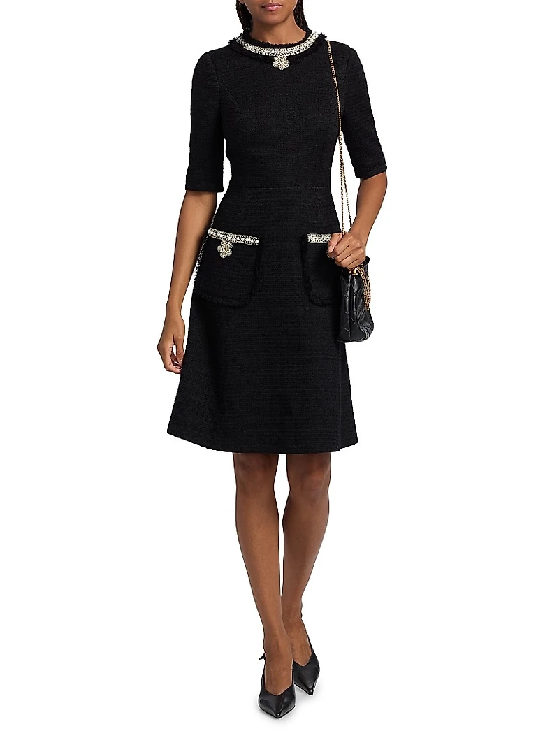 Flower & Faux-Pearl Embellished Bouclé Cocktail Dress