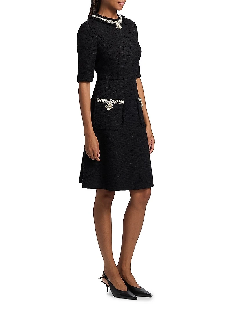 Flower & Faux-Pearl Embellished Bouclé Cocktail Dress