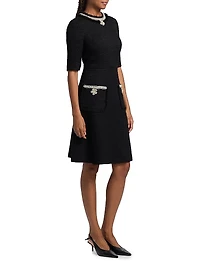 Flower & Faux-Pearl Embellished Bouclé Cocktail Dress