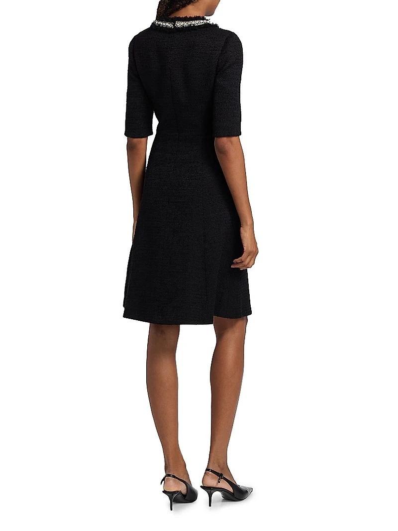 Flower & Faux-Pearl Embellished Bouclé Cocktail Dress