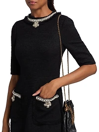 Flower & Faux-Pearl Embellished Bouclé Cocktail Dress