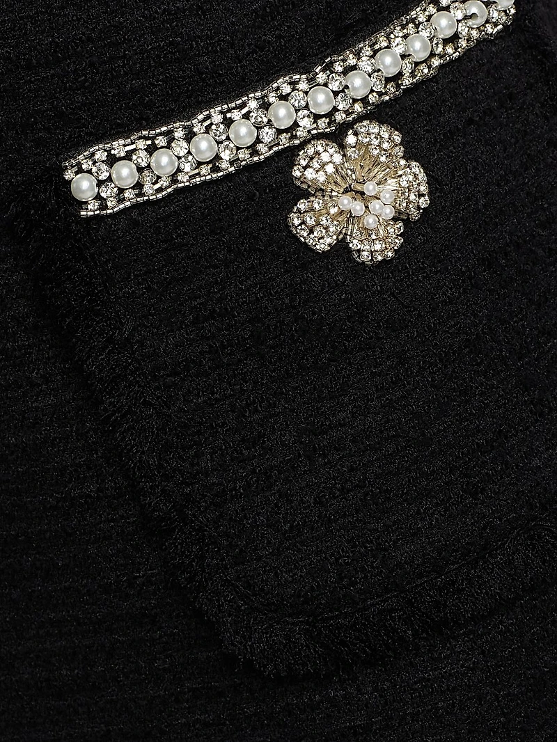 Flower & Faux-Pearl Embellished Bouclé Cocktail Dress