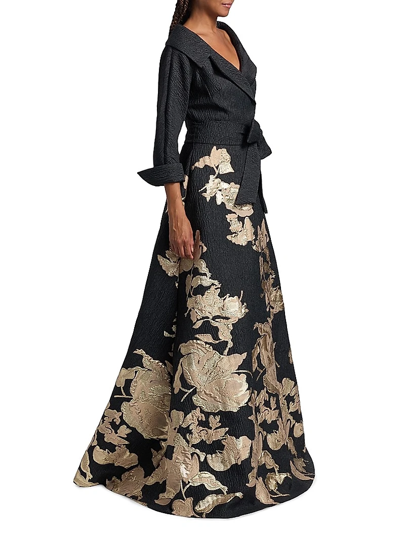 Textured Metallic Floral Jacquard Gown