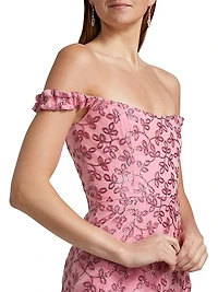 Amina Sequined Organza Off-the-Shouder Midi-Dress