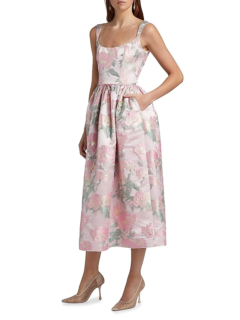 Apple Floral Brocade Midi-Dress