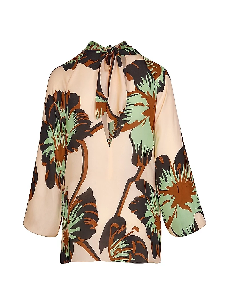 Micaela Drum Beats Floral Silk Surplice Top