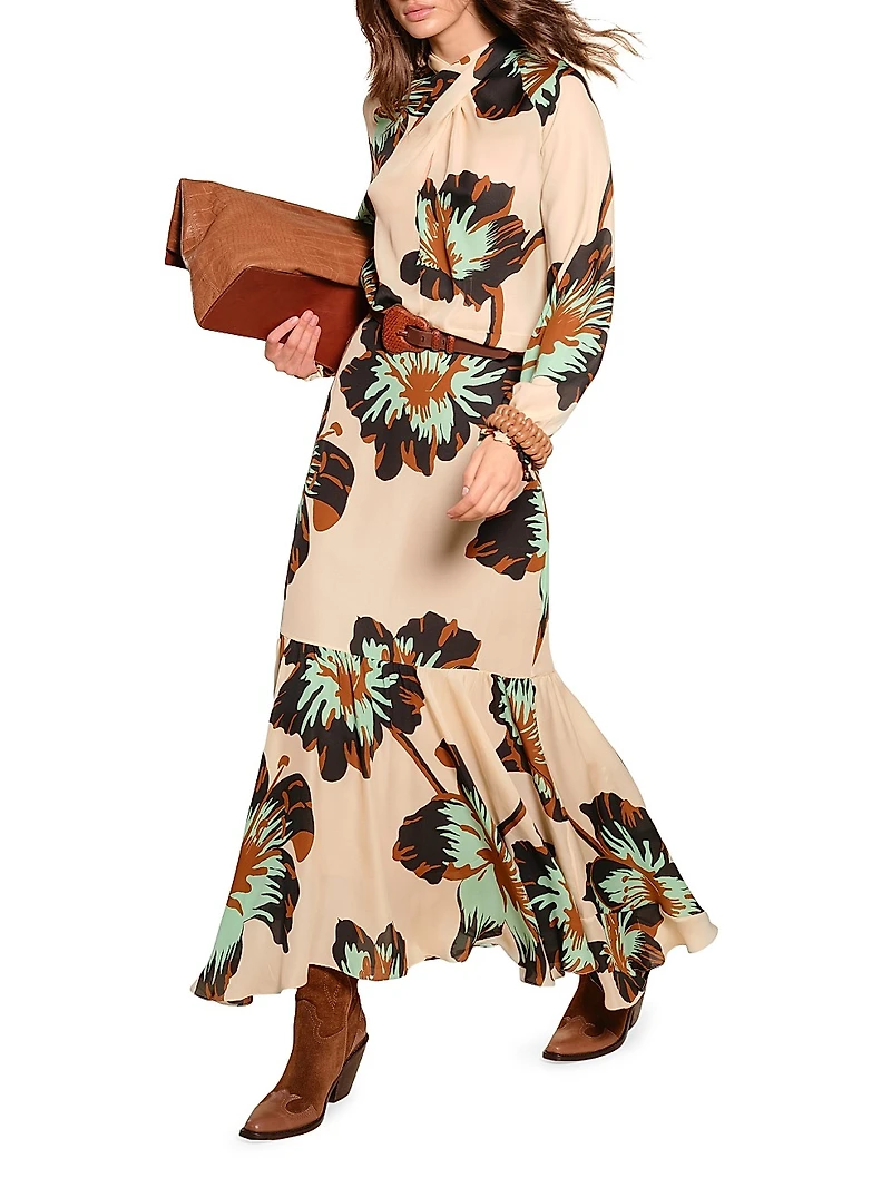 Micaela Drum Beats Floral Silk Surplice Top
